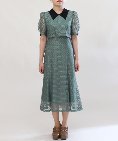 ASTORIA ODIER(アストリアオディール)の「衿付きセットアップ風レースワンピース(ワンピース・レディース・ブラック/ベージュ/グリーン・MEDIUM)」の5枚目の写真