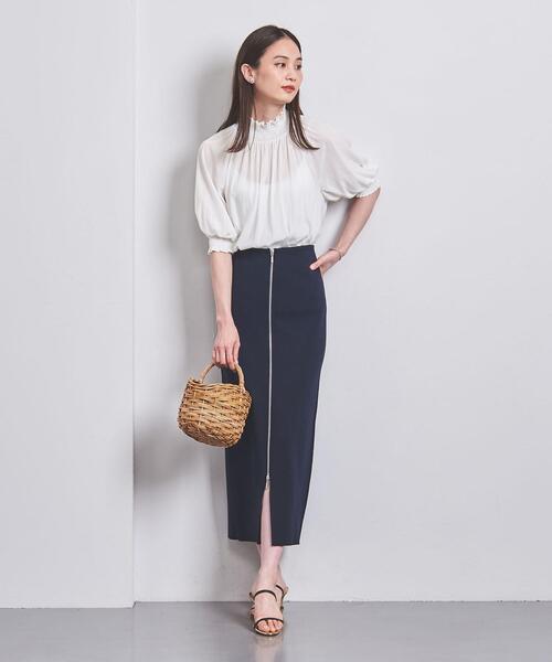 シャーリングハイネックショートスリーブブラウス