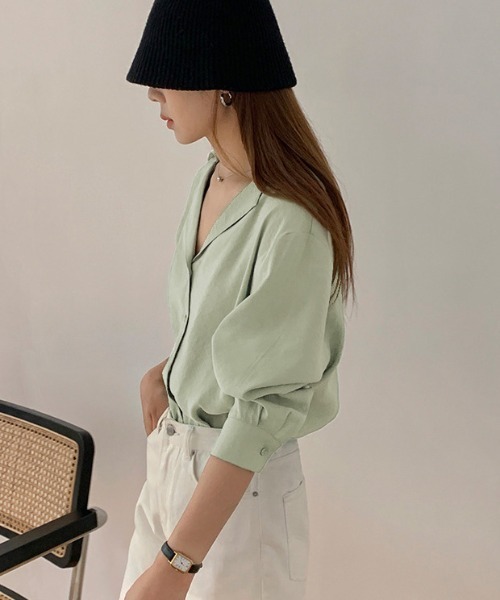 AMELY(エミリー)の「オープンカラーシャツ(シャツ/ブラウス・レディース・グリーン系その他/オフホワイト/ペールイエロー/ブラック・フリー)」の11枚目の写真