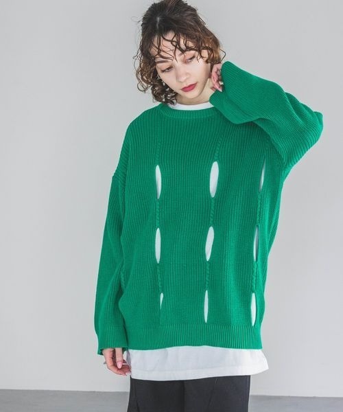 JEANASIS（ジーナシス）の「7Gコットンスリットプルオーバー/191810（ニット/セーター・レディース・ネイビー/オフホワイト/グリーン・FREE）」の19枚目の写真