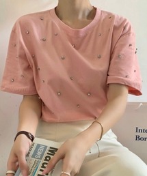 オーバーサイズラインストーン飾り半袖Tシャツ