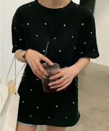 オーバーサイズラインストーン飾り半袖Tシャツ