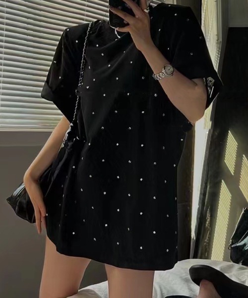 セール】オーバーサイズラインストーン飾り半袖Tシャツ（Tシャツ