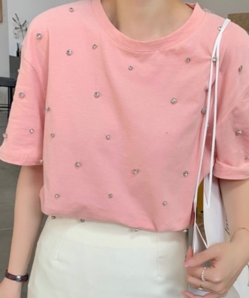 Achic(アシック)の「オーバーサイズラインストーン飾り半袖Tシャツ(Tシャツ/カットソー・レディース・ホワイト/ブラック/ピンク・M/S)」の11枚目の写真