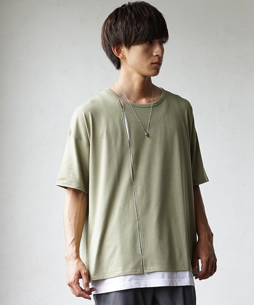 MinoriTY(マイノリティ)の「【MinoriTY】ふんわり素材飾りタックアンサンブル 切り込み半袖Tシャツ+タンクトップ ノースリーブ メンズ 夏服【2点セット】(アンサンブル・メンズ・ブラック/カーキ/ブルー・S/M/L)」の2枚目の写真