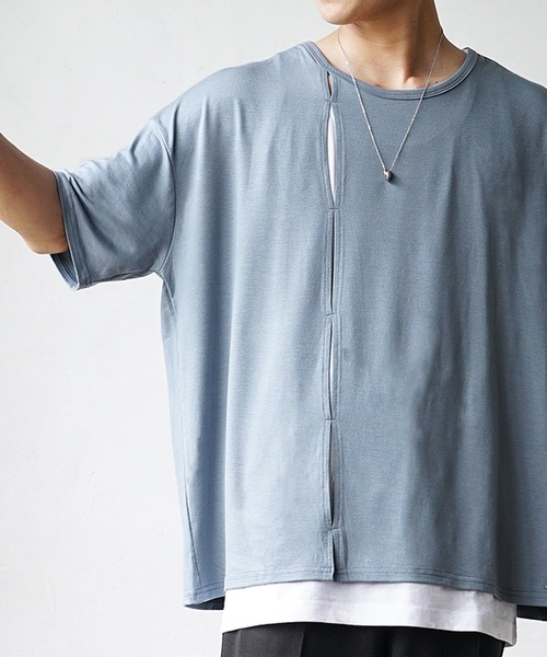 MinoriTY(マイノリティ)の「【MinoriTY】ふんわり素材飾りタックアンサンブル 切り込み半袖Tシャツ+タンクトップ ノースリーブ メンズ 夏服【2点セット】(アンサンブル・メンズ・ブラック/カーキ/ブルー・S/M/L)」の13枚目の写真