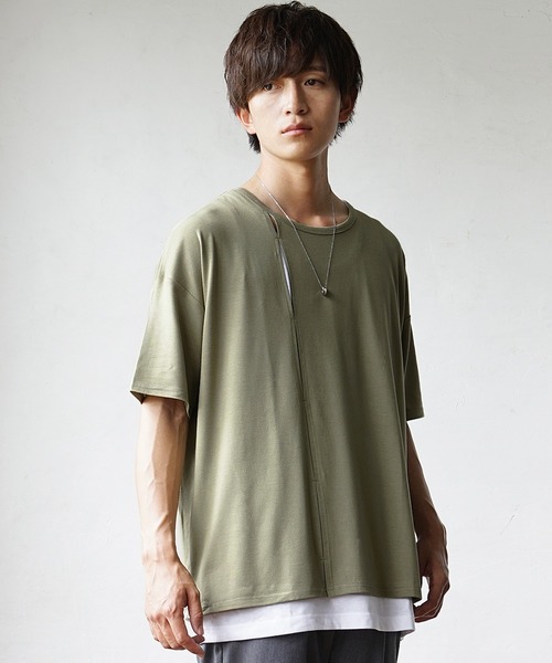MinoriTY(マイノリティ)の「【MinoriTY】ふんわり素材飾りタックアンサンブル 切り込み半袖Tシャツ+タンクトップ ノースリーブ メンズ 夏服【2点セット】(アンサンブル・メンズ・ブラック/カーキ/ブルー・S/M/L)」の6枚目の写真