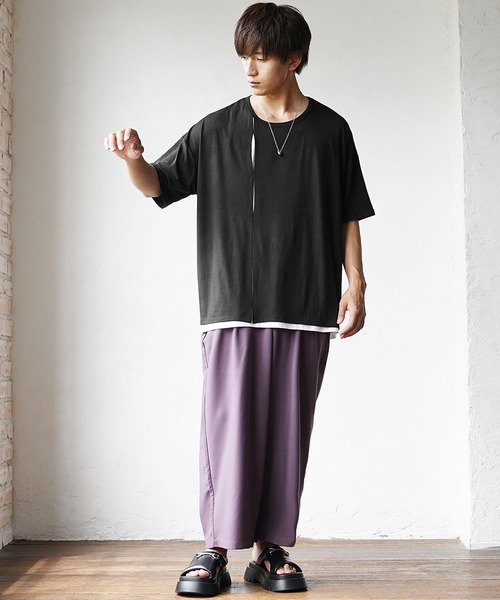 MinoriTY】ふんわり素材飾りタックアンサンブル 切り込み半袖Tシャツ+