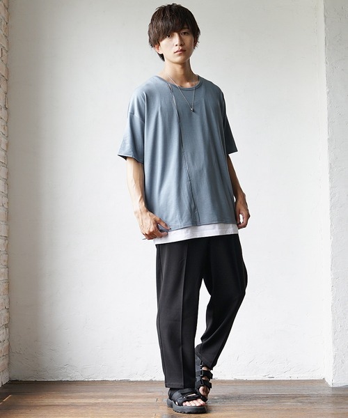 MinoriTY(マイノリティ)の「【MinoriTY】ふんわり素材飾りタックアンサンブル 切り込み半袖Tシャツ+タンクトップ ノースリーブ メンズ 夏服【2点セット】(アンサンブル・メンズ・ブラック/カーキ/ブルー・S/M/L)」の7枚目の写真