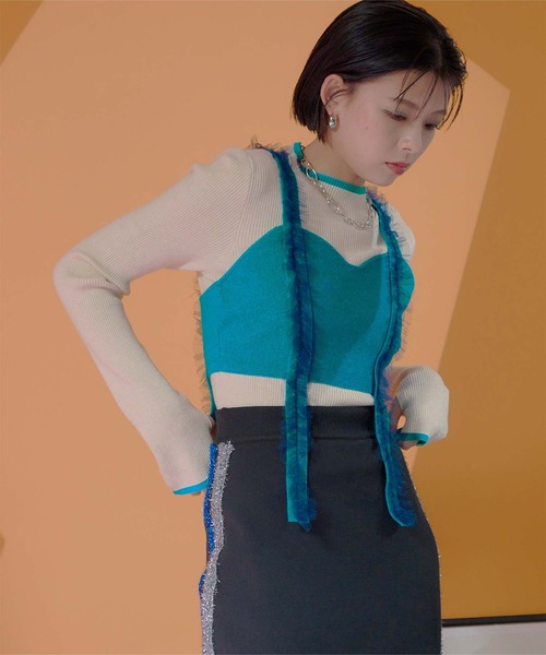 miette（ミエット）の「チュールフリルニットビスチェ（キャミソール・レディース・ブラック/ブルー/ピンク・FREE）」の3枚目の写真