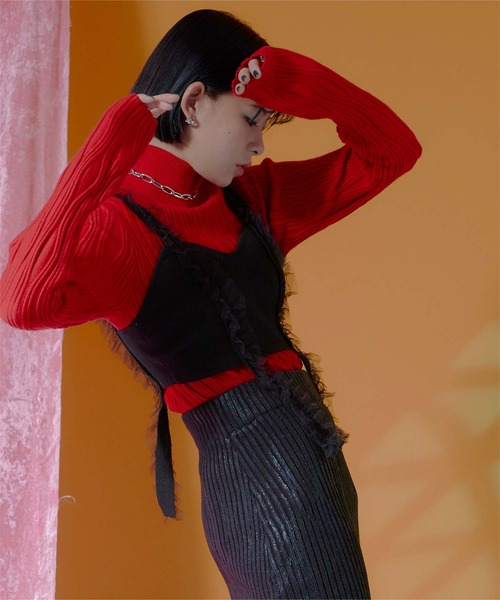 miette（ミエット）の「チュールフリルニットビスチェ（キャミソール・レディース・ブラック/ブルー/ピンク・FREE）」の4枚目の写真