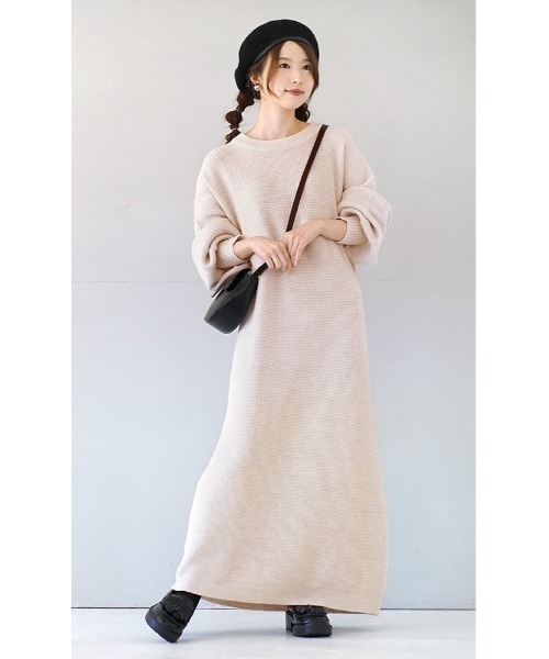 e-zakkamania stores（イーザッカマニアストアーズ）の「ワッフルニット コクーンワンピース（ワンピース・レディース・グレイッシュベージュ/オートミール/ブラック/オレンジ・フリー）」の5枚目の写真