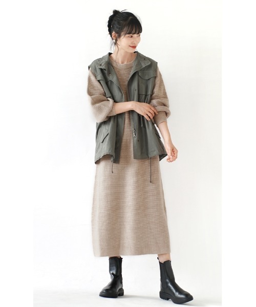 e-zakkamania stores（イーザッカマニアストアーズ）の「ワッフルニット コクーンワンピース（ワンピース・レディース・グレイッシュベージュ/オートミール/ブラック/オレンジ・フリー）」の7枚目の写真