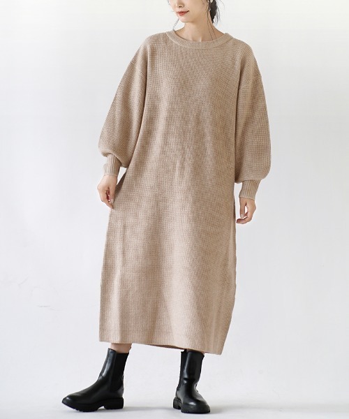 e-zakkamania stores（イーザッカマニアストアーズ）の「ワッフルニット コクーンワンピース（ワンピース・レディース・グレイッシュベージュ/オートミール/ブラック/オレンジ・フリー）」の10枚目の写真