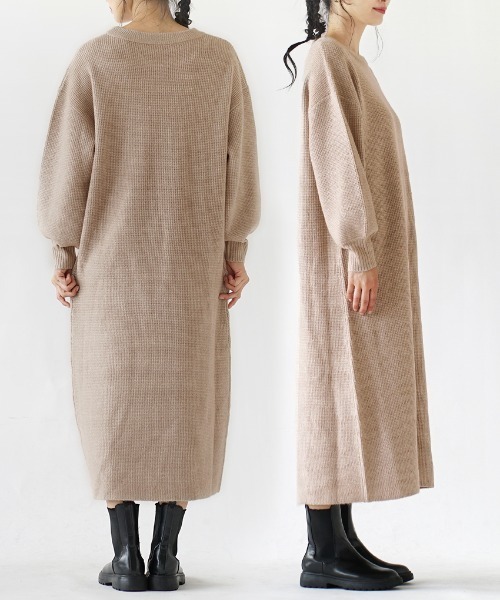 e-zakkamania stores（イーザッカマニアストアーズ）の「ワッフルニット コクーンワンピース（ワンピース・レディース・グレイッシュベージュ/オートミール/ブラック/オレンジ・フリー）」の11枚目の写真