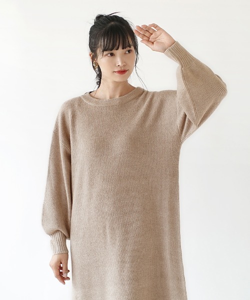 e-zakkamania stores（イーザッカマニアストアーズ）の「ワッフルニット コクーンワンピース（ワンピース・レディース・グレイッシュベージュ/オートミール/ブラック/オレンジ・フリー）」の12枚目の写真