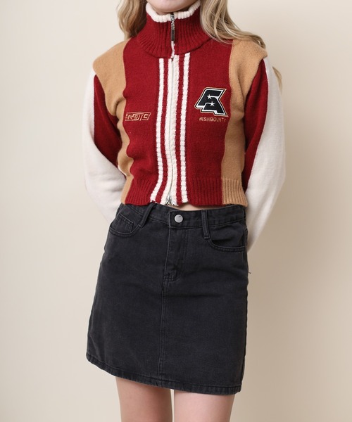 ニット セーター 「HOOK」for girls レーシング風切り替えブルゾンニット　ショット丈 レディース セール】【HOOK】for girls レーシング風切り替えブルゾンニット