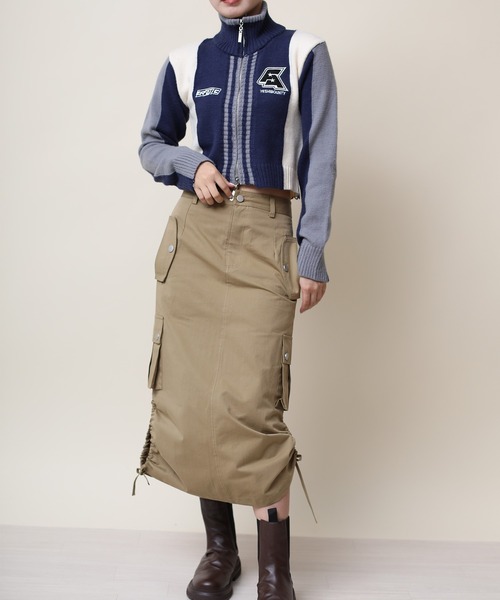 ニット セーター 「HOOK」for girls レーシング風切り替えブルゾンニット　ショット丈 レディース セール】【HOOK】for girls レーシング風切り替えブルゾンニット
