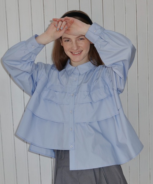 idem(イデム)の「asymmetry frill shirt/アシンメトリーフリルシャツ(シャツ/ブラウス・レディース・オフホワイト/グレー/ブルー/グレイッシュベージュ/ピンク/ストライプ・FREE)」の20枚目の写真