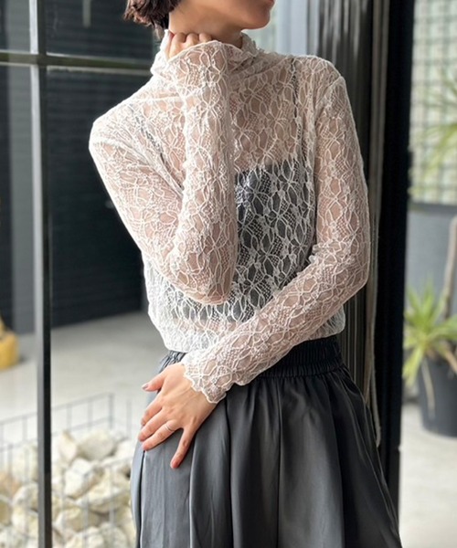 セール】総レース ハイネックトップス シアーカットソー（Tシャツ