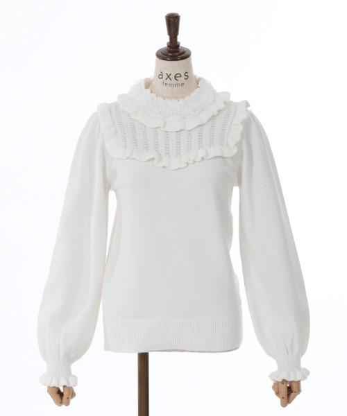 axes femme（アクシーズファム）の「薔薇装飾プチフリルニット（ニット/セーター・レディース・ブラウン/ホワイト/ワイン・FREE）」の7枚目の写真