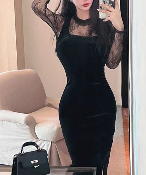 gossip!ロサンゼルス(ゴシップロサンゼルス)の「レースのパッチワークワンピース パーティドレス 結婚式 お呼ばれ オケージョン(ワンピース・レディース・ブラック・M/L/S)」の2枚目の写真