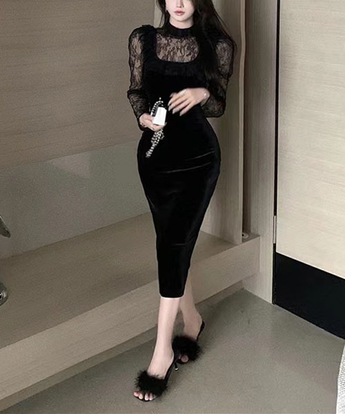 gossip!ロサンゼルス(ゴシップロサンゼルス)の「レースのパッチワークワンピース パーティドレス 結婚式 お呼ばれ オケージョン(ワンピース・レディース・ブラック・M/L/S)」の4枚目の写真