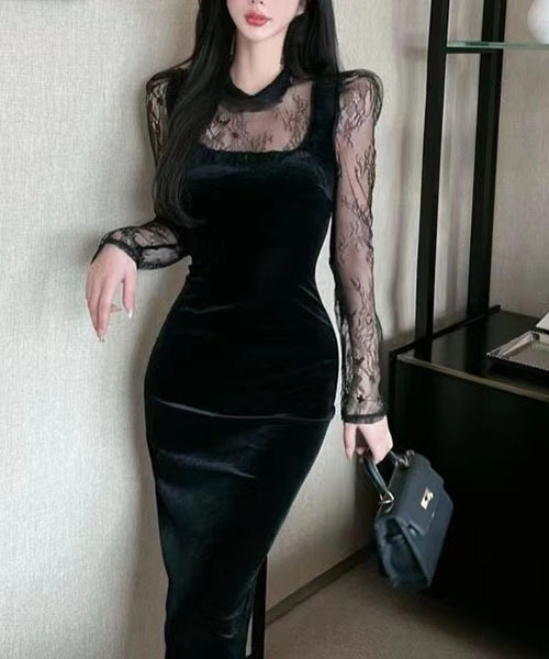 gossip!ロサンゼルス(ゴシップロサンゼルス)の「レースのパッチワークワンピース パーティドレス 結婚式 お呼ばれ オケージョン(ワンピース・レディース・ブラック・M/L/S)」の14枚目の写真
