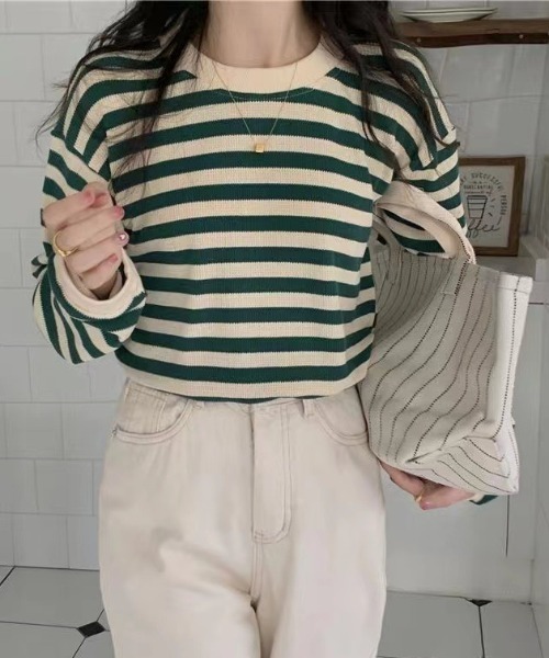 Per sist ence(パーシエンス)の「レトロボーダーTシャツ/ロンT(Tシャツ/カットソー・レディース・ブラック/ブラウン/グリーン/レッド・FREE)」の3枚目の写真
