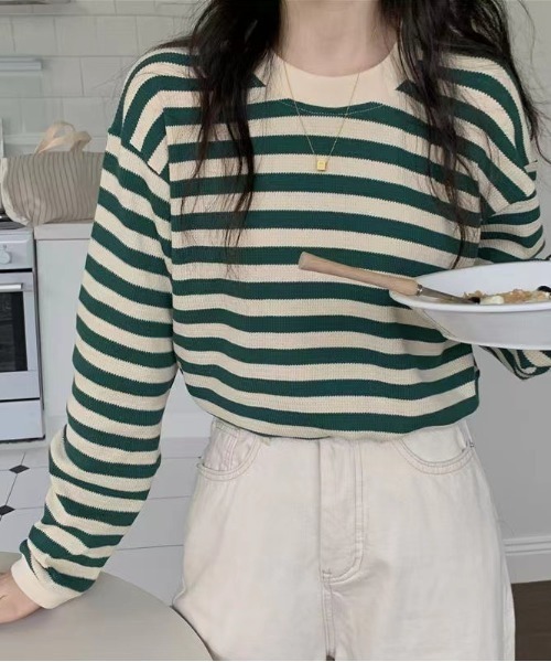Per sist ence(パーシエンス)の「レトロボーダーTシャツ/ロンT(Tシャツ/カットソー・レディース・ブラック/ブラウン/グリーン/レッド・FREE)」の12枚目の写真