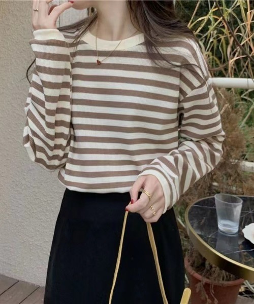 Per sist ence(パーシエンス)の「レトロボーダーTシャツ/ロンT(Tシャツ/カットソー・レディース・ブラック/ブラウン/グリーン/レッド・FREE)」の9枚目の写真