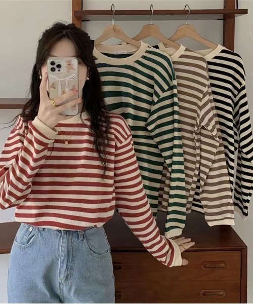 Per sist ence(パーシエンス)の「レトロボーダーTシャツ/ロンT(Tシャツ/カットソー・レディース・ブラック/ブラウン/グリーン/レッド・FREE)」の18枚目の写真