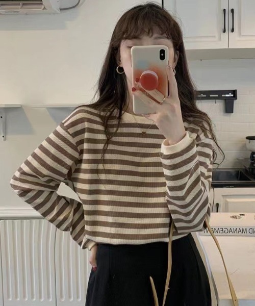 Per sist ence(パーシエンス)の「レトロボーダーTシャツ/ロンT(Tシャツ/カットソー・レディース・ブラック/ブラウン/グリーン/レッド・FREE)」の10枚目の写真