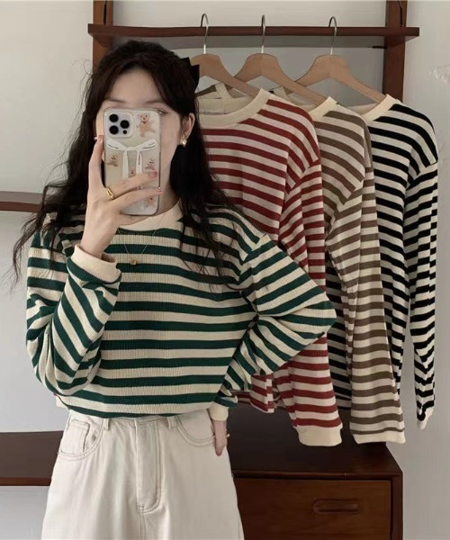 Per sist ence(パーシエンス)の「レトロボーダーTシャツ/ロンT(Tシャツ/カットソー・レディース・ブラック/ブラウン/グリーン/レッド・FREE)」の15枚目の写真