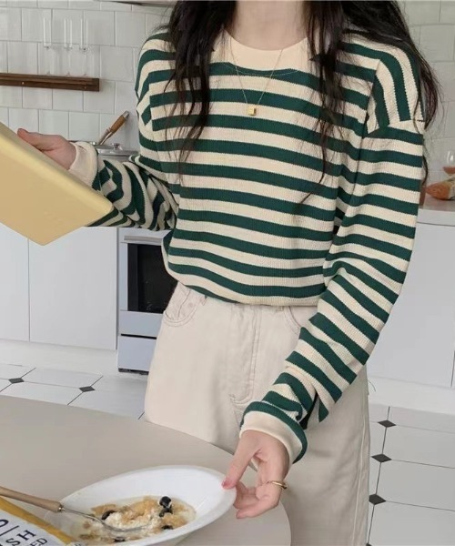 Per sist ence(パーシエンス)の「レトロボーダーTシャツ/ロンT(Tシャツ/カットソー・レディース・ブラック/ブラウン/グリーン/レッド・FREE)」の13枚目の写真
