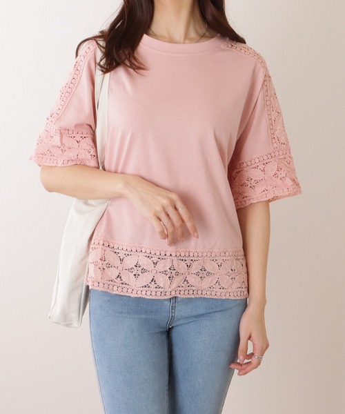 Lace Ladies(レースレディース)の「ラウンドネック レース ドッキング 半袖 プルオーバー(Tシャツ/カットソー・レディース・ホワイト/ピンク/ブラック/グレー・FREE)」の4枚目の写真