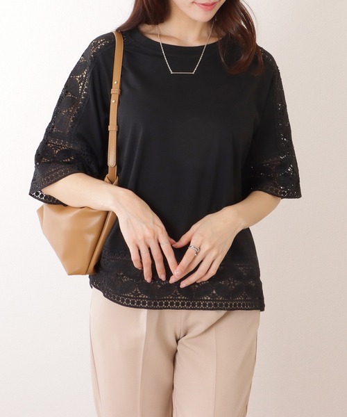 Lace Ladies(レースレディース)の「ラウンドネック レース ドッキング 半袖 プルオーバー(Tシャツ/カットソー・レディース・ホワイト/ピンク/ブラック/グレー・FREE)」の3枚目の写真