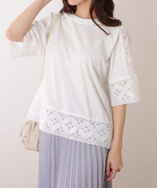 Lace Ladies(レースレディース)の「ラウンドネック レース ドッキング 半袖 プルオーバー(Tシャツ/カットソー・レディース・ホワイト/ピンク/ブラック/グレー・FREE)」の5枚目の写真