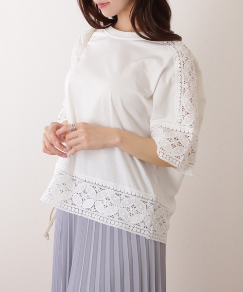 Lace Ladies(レースレディース)の「ラウンドネック レース ドッキング 半袖 プルオーバー(Tシャツ/カットソー・レディース・ホワイト/ピンク/ブラック/グレー・FREE)」の6枚目の写真