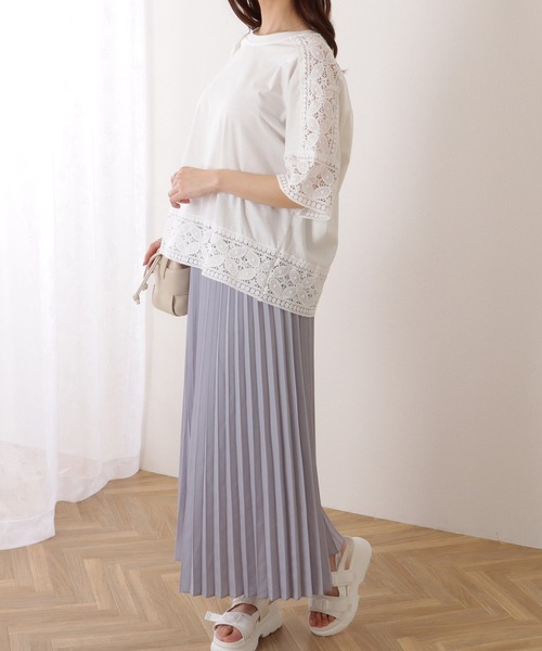 Lace Ladies(レースレディース)の「ラウンドネック レース ドッキング 半袖 プルオーバー(Tシャツ/カットソー・レディース・ホワイト/ピンク/ブラック/グレー・FREE)」の7枚目の写真