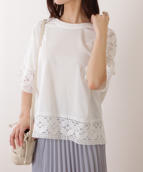 Lace Ladies(レースレディース)の「ラウンドネック レース ドッキング 半袖 プルオーバー(Tシャツ/カットソー・レディース・ホワイト/ピンク/ブラック/グレー・FREE)」の8枚目の写真