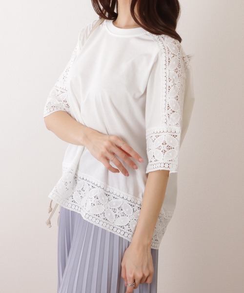 Lace Ladies(レースレディース)の「ラウンドネック レース ドッキング 半袖 プルオーバー(Tシャツ/カットソー・レディース・ホワイト/ピンク/ブラック/グレー・FREE)」の9枚目の写真