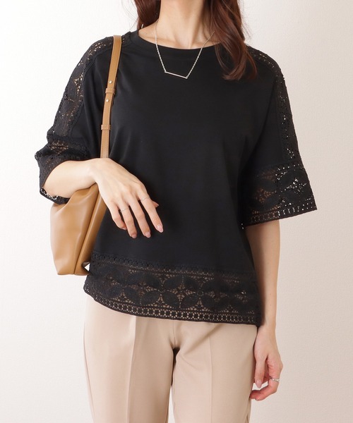 Lace Ladies(レースレディース)の「ラウンドネック レース ドッキング 半袖 プルオーバー(Tシャツ/カットソー・レディース・ホワイト/ピンク/ブラック/グレー・FREE)」の10枚目の写真