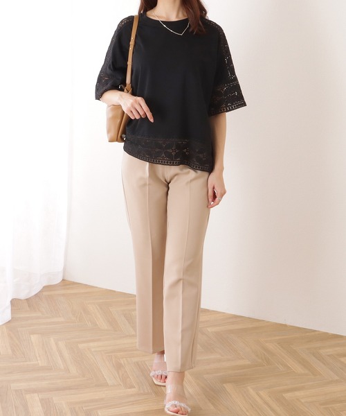 Lace Ladies(レースレディース)の「ラウンドネック レース ドッキング 半袖 プルオーバー(Tシャツ/カットソー・レディース・ホワイト/ピンク/ブラック/グレー・FREE)」の12枚目の写真