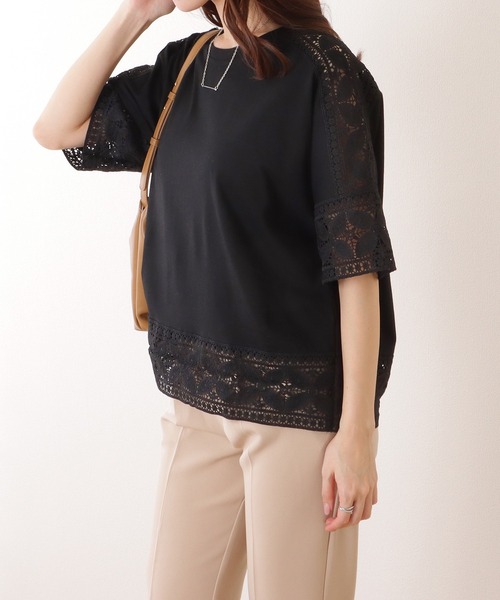 Lace Ladies(レースレディース)の「ラウンドネック レース ドッキング 半袖 プルオーバー(Tシャツ/カットソー・レディース・ホワイト/ピンク/ブラック/グレー・FREE)」の13枚目の写真