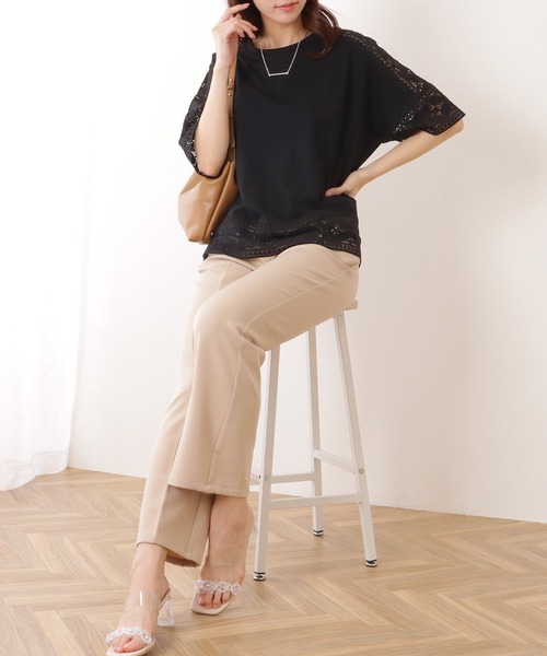 Lace Ladies(レースレディース)の「ラウンドネック レース ドッキング 半袖 プルオーバー(Tシャツ/カットソー・レディース・ホワイト/ピンク/ブラック/グレー・FREE)」の14枚目の写真