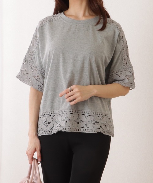 Lace Ladies(レースレディース)の「ラウンドネック レース ドッキング 半袖 プルオーバー(Tシャツ/カットソー・レディース・ホワイト/ピンク/ブラック/グレー・FREE)」の15枚目の写真