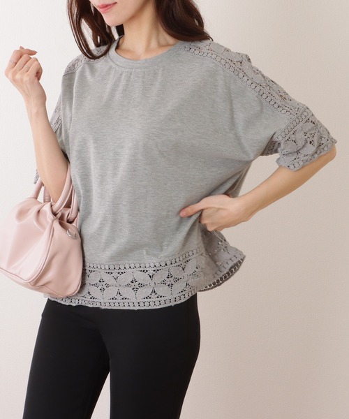 Lace Ladies(レースレディース)の「ラウンドネック レース ドッキング 半袖 プルオーバー(Tシャツ/カットソー・レディース・ホワイト/ピンク/ブラック/グレー・FREE)」の17枚目の写真