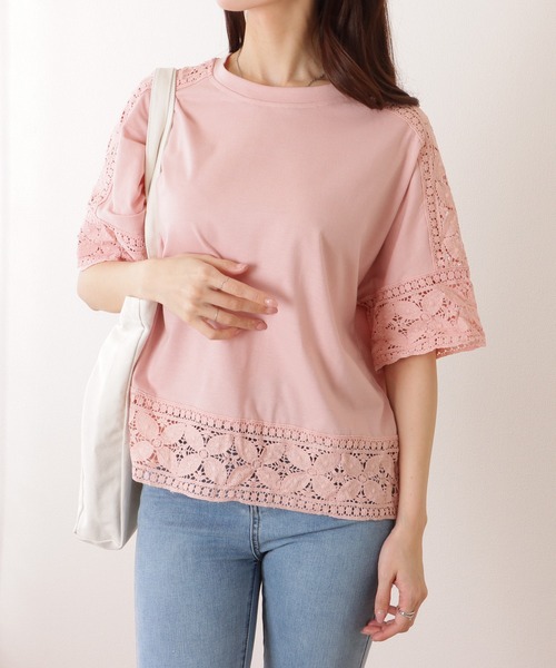 Lace Ladies(レースレディース)の「ラウンドネック レース ドッキング 半袖 プルオーバー(Tシャツ/カットソー・レディース・ホワイト/ピンク/ブラック/グレー・FREE)」の22枚目の写真