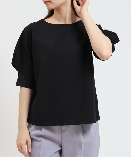 TRUDEA（トルディア）の「デザインスリーブ シルケットポンチプルオーバー（Tシャツ/カットソー・レディース・グリーン/ブラック/ホワイト・MEDIUM）」の2枚目の写真
